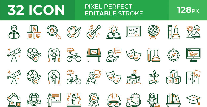 Education learning outline icon set with school subjects science arts sports and classroom symbols vector illustration
