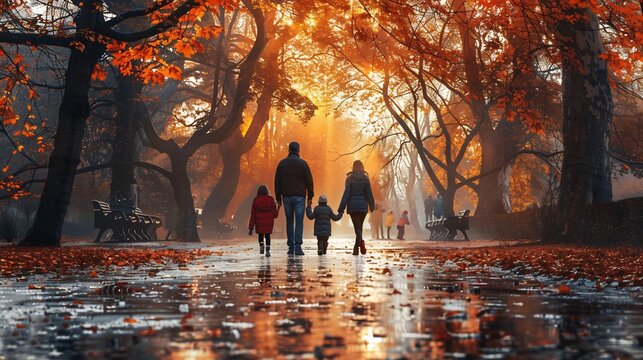 P&egrave;re de famille marchant main dans la main avec ses enfants et sa femme dans un parc en automne, complicit&eacute; familiale sous une lumi&egrave;re dor&eacute;e, concept F&ecirc;te des P&egrave;res.