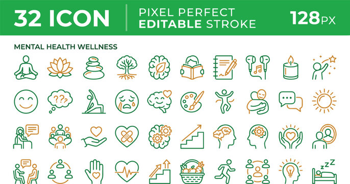 Mental health wellness outline icon set with meditation therapy self care emotions and mindfulness symbols vector