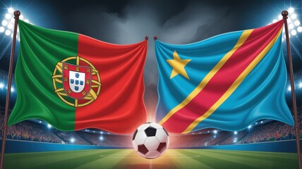 Fototapeta premium Portugal against democratic republic of congo soccer game with waving flags and ball on center field.