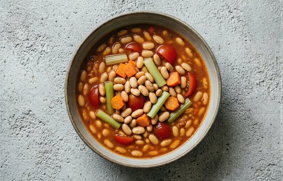 Bowl of fasolada topped with fresh vegetables. Bean soup with tomato, carrot, celery, and herbs in ceramic bowl on gray concrete surface. Concept of delicious healthy cuisine.