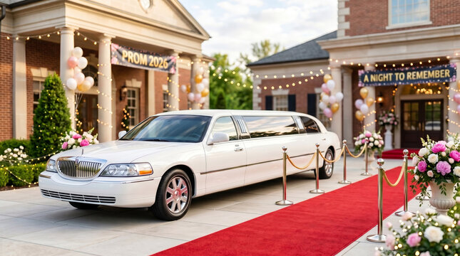 Limousine arriving at prom in front of beautiful venue with decorations  