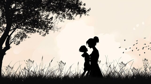 Silhouette tendre d'un parent et son enfant s'enla&ccedil;ant dans un champ au coucher du soleil pour la f&ecirc;te des p&egrave;res, concept d'amour familial et de complicit&eacute;.