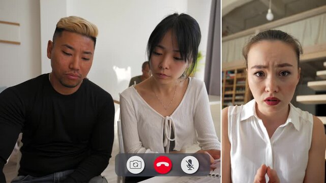 Four frames show young people on a split screen. Each person expresses different feelings during their call. Their faces show a range of emotions as they interact.