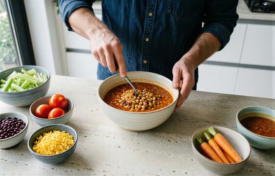 Man with beard, dark blue denim shirt, preparing fasolada in modern kitchen. Concept of healthy cooking, ingredients include bean soup with tomato carrot celery.