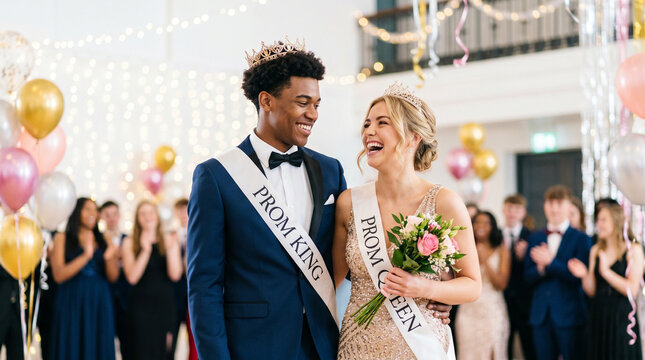 Prom king posing with the queen, smiling together at graduation ball  