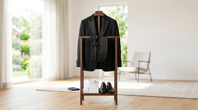 Tuxedo with cummerbund displayed on wooden rack in modern interior  