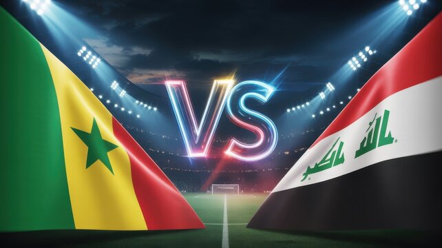 Senegal against Iraq sports face off with glowing neon text and wavy flags in professional stadium.