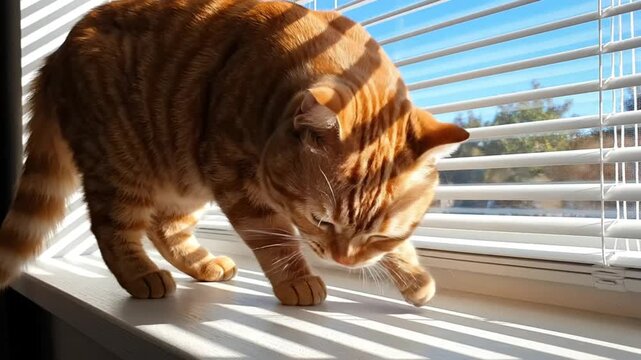 Ginger tabby cat explores window blinds as sunlight streams through on a bright sunny day