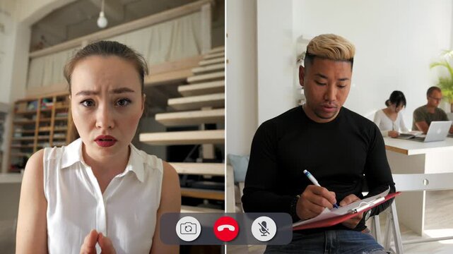 Young people talk on a split screen. Each person shows their feelings clearly. The call takes place in a bright room with simple furniture.