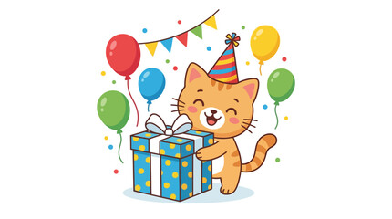 Obraz premium Cute Cat Celebrating Birthday with Gift and Balloons