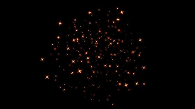 Glittering starry light burst particles explosion effects on black background. Explosion gold lights glitter particle explosion, intro fire explosion particles, Flying sparks burst, 4k animation