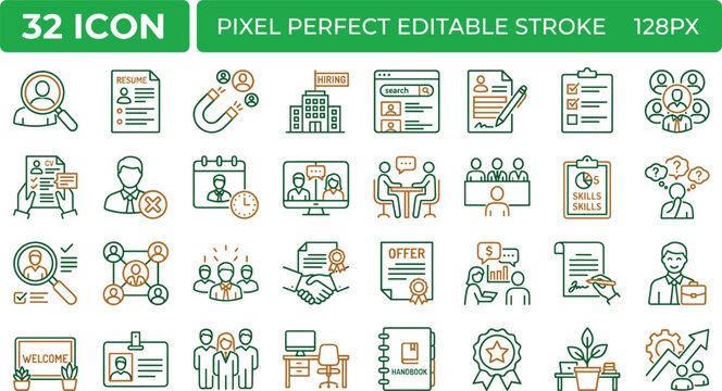 Human resources recruitment outline icon set with hiring interview resume employee onboarding and workplace management symbols vector