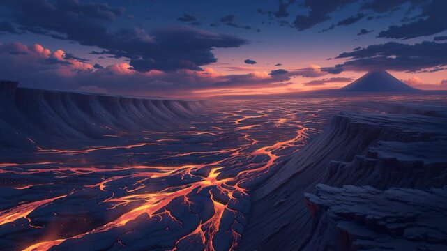 Volcanic Landscape Glowing with Flowing Lava at Sunset