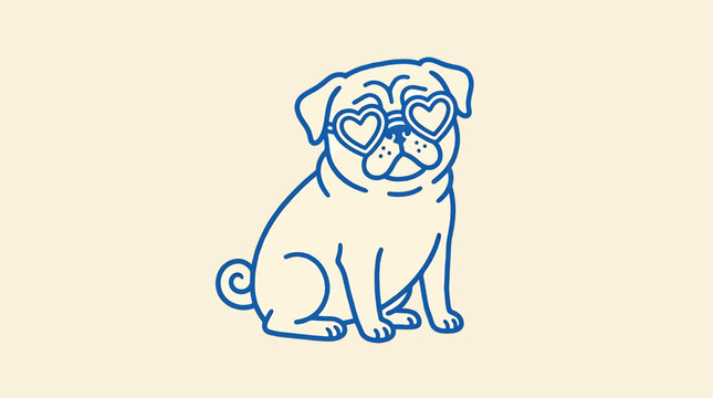 Cute pug dog wearing heart shaped sunglasses, simple line art illustration of a funny puppy sitting, vector graphic design element