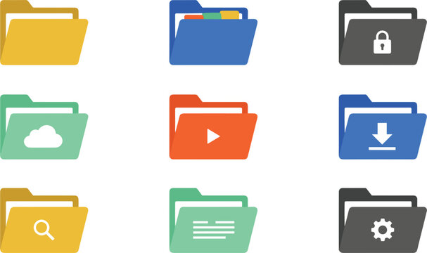 Colorful Digital File Folder Icon Set Featuring Cloud Storage Media Video Play Lock Security Download Search and Settings Symbols for Interface UI UX Design