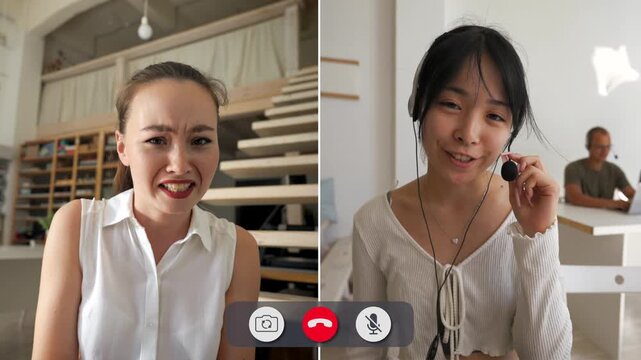 Young people connect through an online call. They share different feelings as they talk. Each person's expression shows a clear emotion during the conversation.