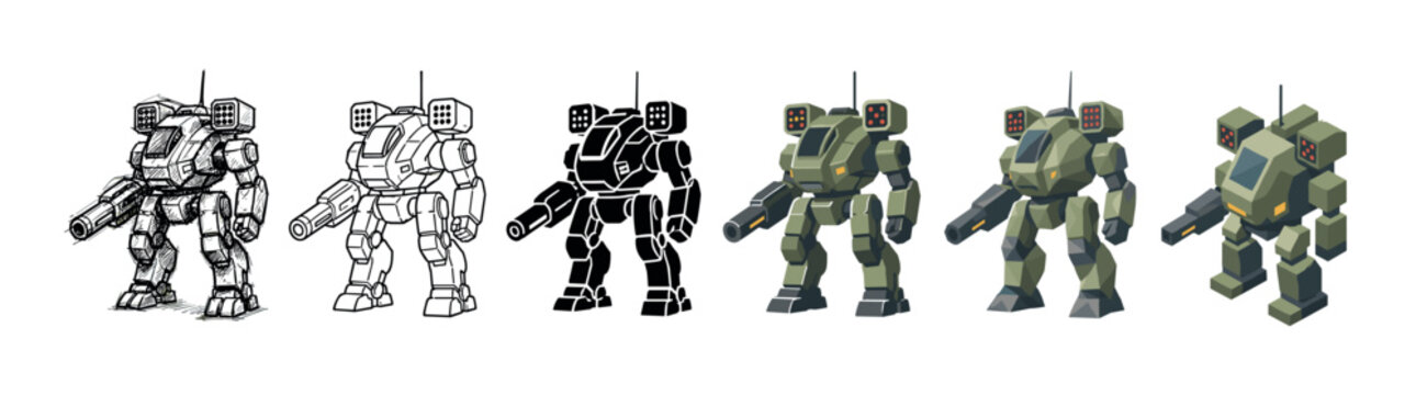 Robot mech warrior machine with gun and missiles in various styles, including sketch, outline, silhouette, and isometric vector illustration