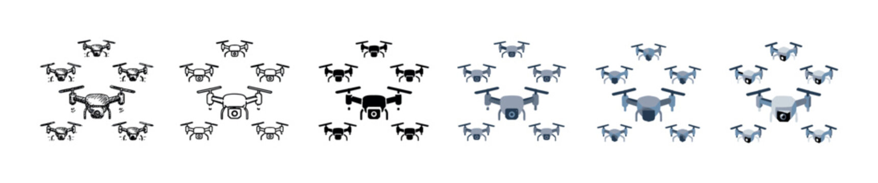 Drone quadcopter camera icons in doodle, outline, glyph, and flat styles, representing modern technology and aerial photography