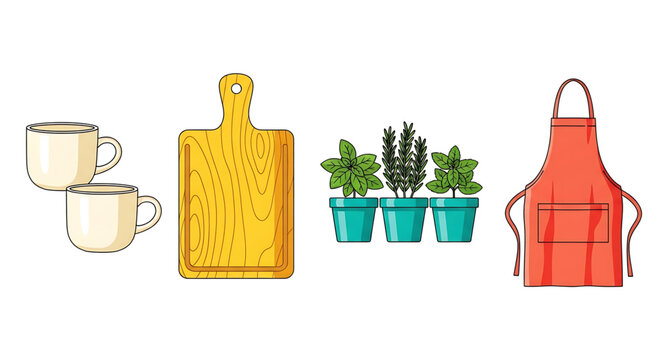 A colorful vector illustration of kitchen items and herbs for cooking and gardening