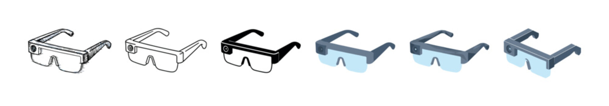 Smart glasses augmented reality virtual headset icons in various styles including sketch, line, solid, and isometric vector illustration