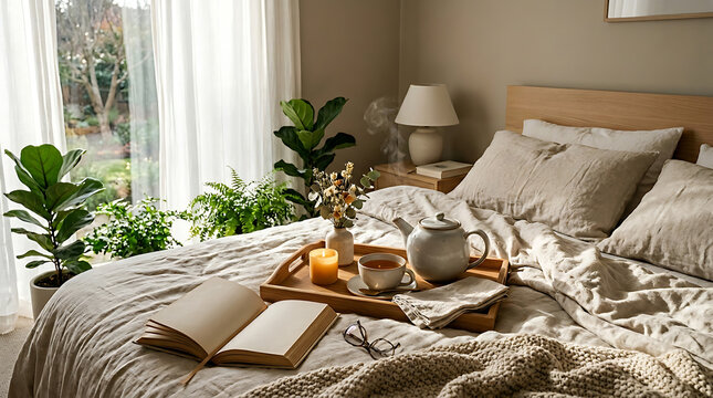 A cozy bedroom scene with a bed, plants, and a tray with tea and a book, bathed in natural light.