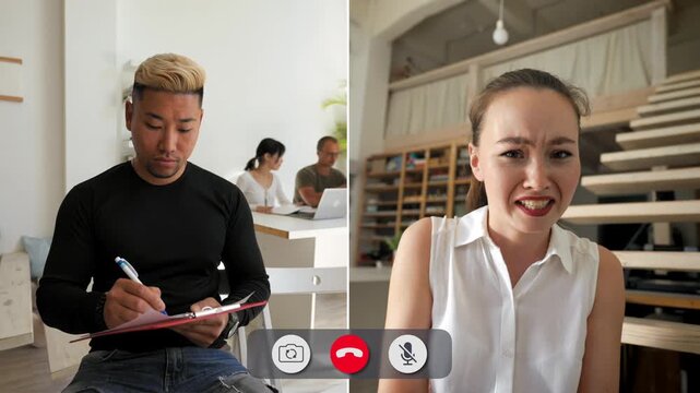 Two young people connect through an online call. Their faces show different feelings while discussing various topics. One shows displeasure while the other reacts.