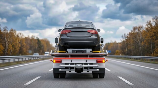 Black sedan being towed on flatbed truck along a highway with trees and cloudy sky visible in the background, showcasing roadside assistance in action