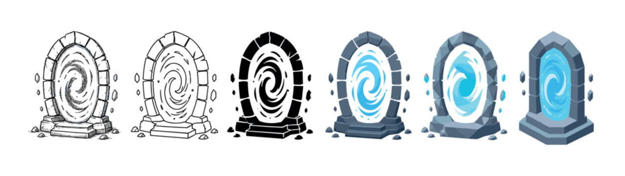 Stone portal magic gate icons with swirling blue energy in various styles, vector illustration set for game design