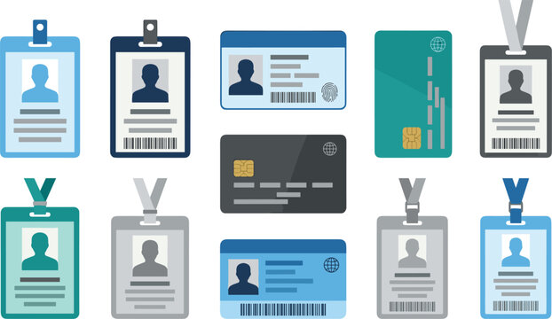 Corporate Identification Card and Badge Vector Icon Set Featuring Employee ID Holders Smart Cards and Access Passes for Security Verification Office and Event Management