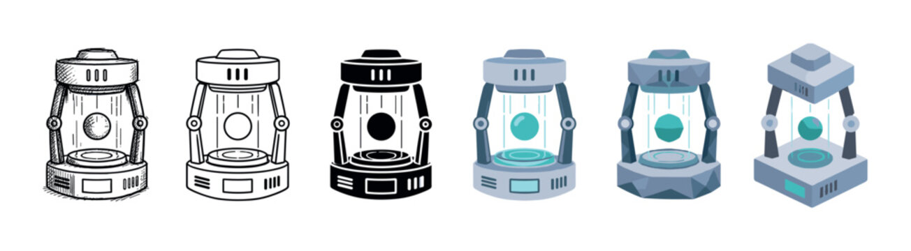 Futuristic energy core device icons in various styles including sketch, outline, solid, flat, and isometric vector illustration