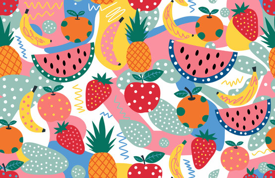 Colorful Fruit Pattern Vector Illustration with Abstract Shapes and Playful Background