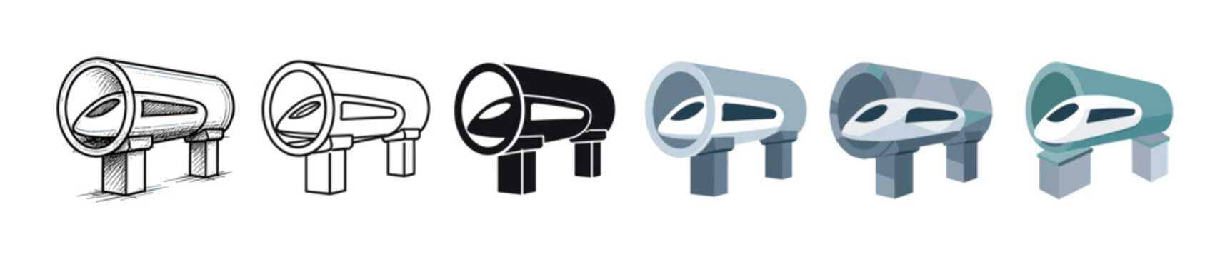 Hyperloop train tunnel icons set in sketch, outline, glyph, flat, isometric, and low poly styles, representing future transportation technology