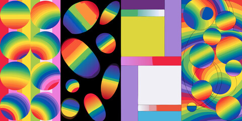 Obraz premium Rainbow circles and geometric shapes with vibrant stripes in a modern abstract composition