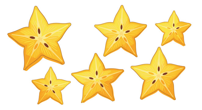 Slices of yellow star fruit or carambola are displayed to highlight their distinctive star shape and small dark seeds.
