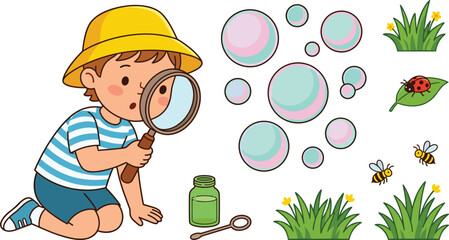 Cute Cartoon Boy Exploring Nature with Magnifying Glass Featuring Colorful Soap Bubbles Grass Tufts Ladybug and Honeybee Vectors for Kids Educational Designs