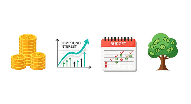 A vector graphic illustrating financial concepts with coins, compound interest chart, budget calendar, and money tree.