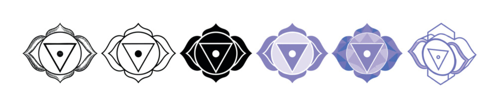 Ajna chakra symbol in various styles including outline, solid, flat, and geometric vector illustration set