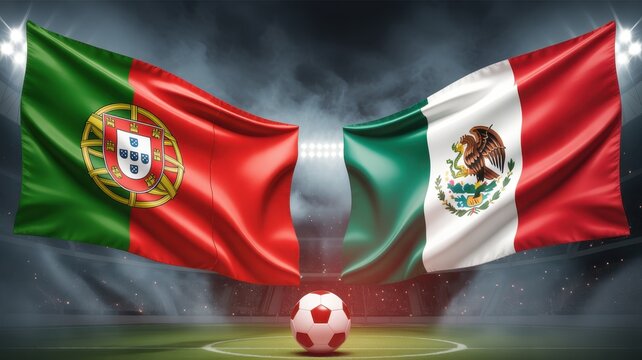 Portugal versus mexico national flags waving in large stadium for soccer match international event.