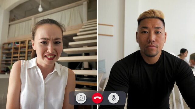A split screen shows young people on an online call. They share various feelings through their faces and gestures. The interaction shows emotion and connection.