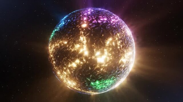 Abstract shimmering sphere with faceted surface and vibrant color gradients floating in space with stars