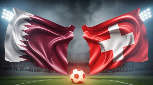 Dynamic soccer match visualization featuring qatar and switzerland flags over central green pitch.