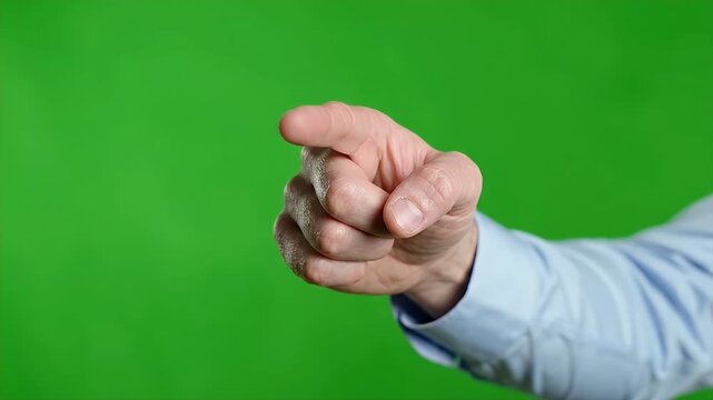 Hand Gesture with Green Background - The video depicts a close-up of a human hand making a pointing gesture against a bright green background.