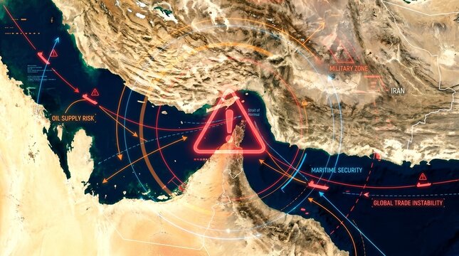 Satellite view of the Strait of Hormuz with a red warning symbol and digital lines. Concept of geopolitical tension, oil supply risks, maritime security, and global trade instability in the Gulf