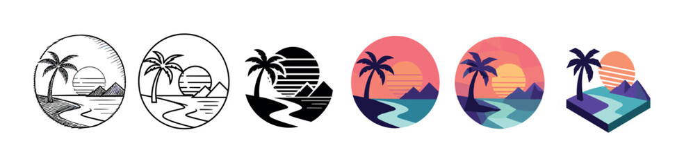 Obraz premium Palm tree island sunset river mountains icons set in various styles including sketch, outline, solid, flat, low poly, and isometric vector illustration