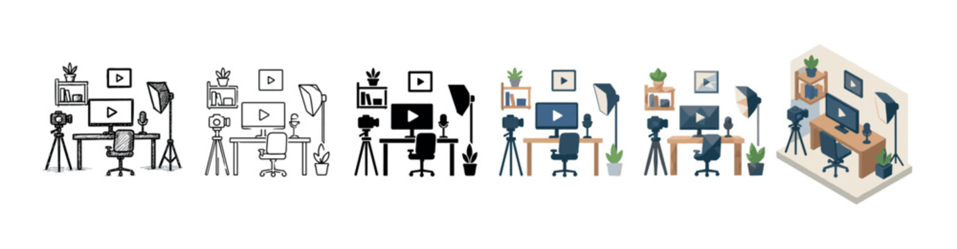 Video production studio setup with camera, computer, microphone, and softbox in various styles vector illustration