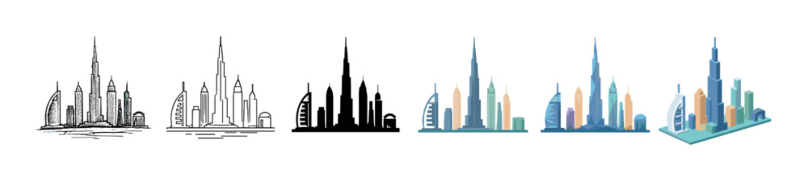 Dubai city skyline buildings Burj Khalifa Burj Al Arab icons set in various styles vector illustration