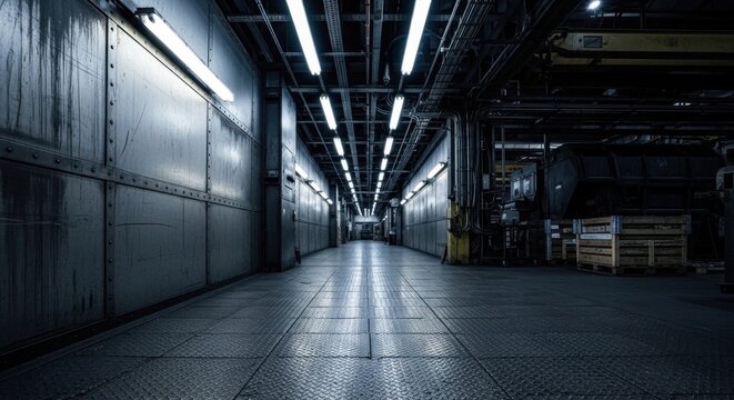 Long industrial steel corridor with checker plate floor and overhead fluorescent lighting