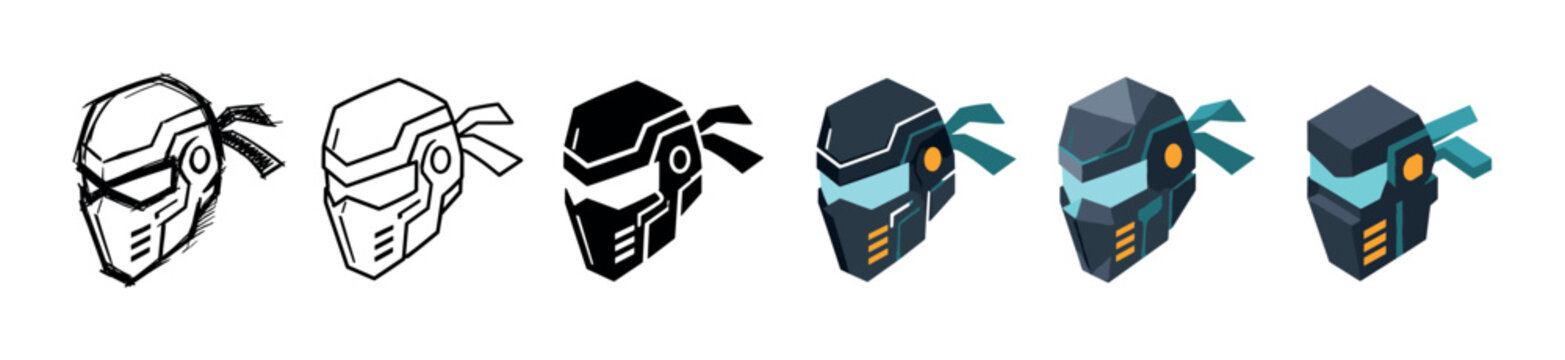 Ninja robot head mask icons in various styles including sketch, outline, solid, flat, polygonal, and isometric vector illustration set