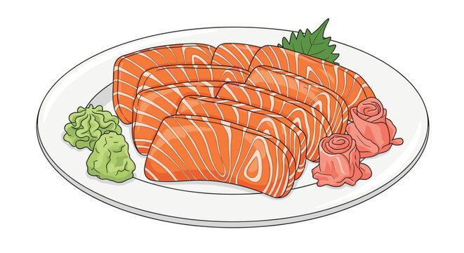 Platter of fresh salmon sashimi slices is elegantly arranged with mounds of wasabi pickled ginger and a shiso leaf.
